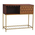 Kalyn 48 Inch Acacia Wood Bar Cabinet, 1 Door, Metal Frame, Geometric Screen Printed Design, Brown, Brass Brown Metal & Wood