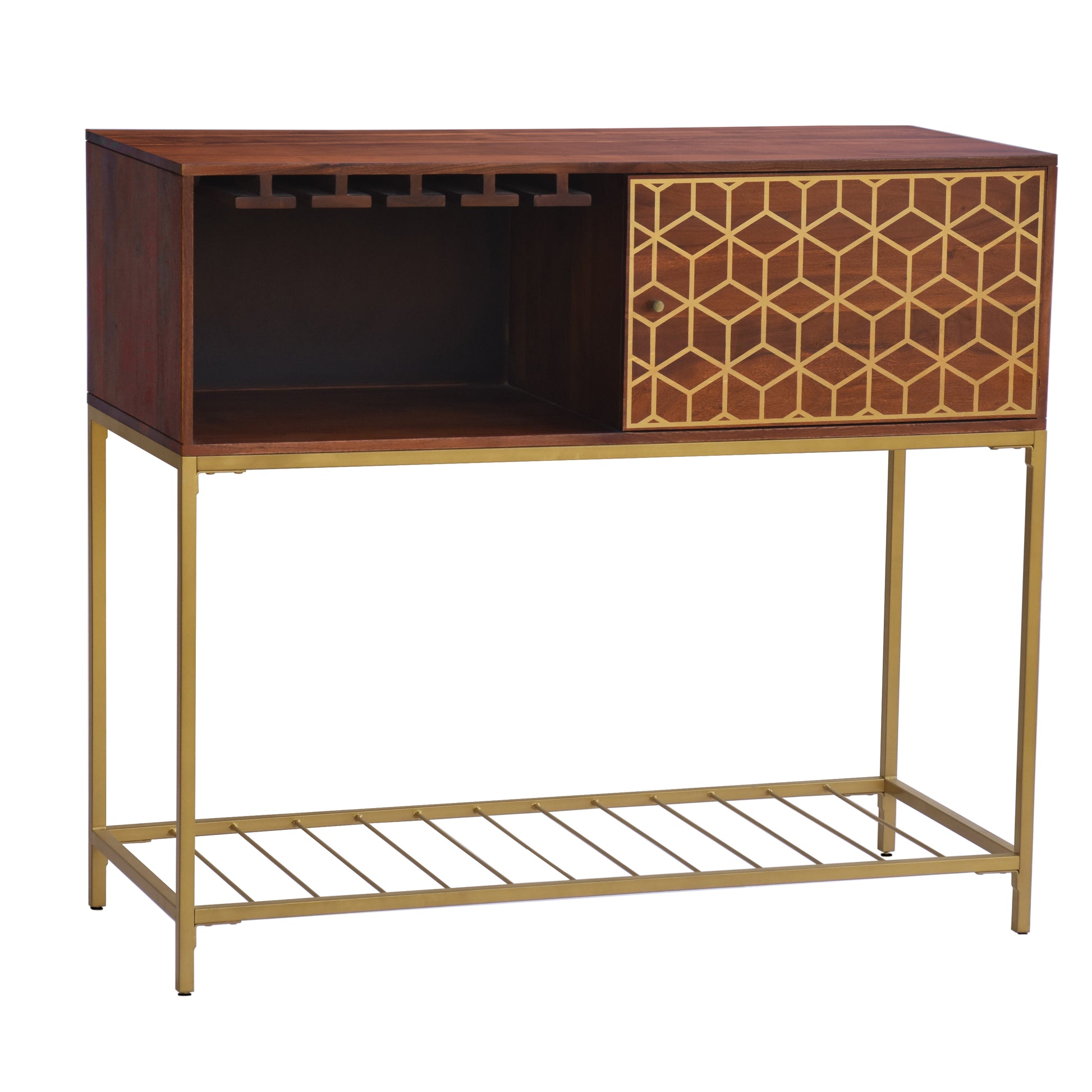 Kalyn 48 Inch Acacia Wood Bar Cabinet, 1 Door, Metal Frame, Geometric Screen Printed Design, Brown, Brass Brown Metal & Wood