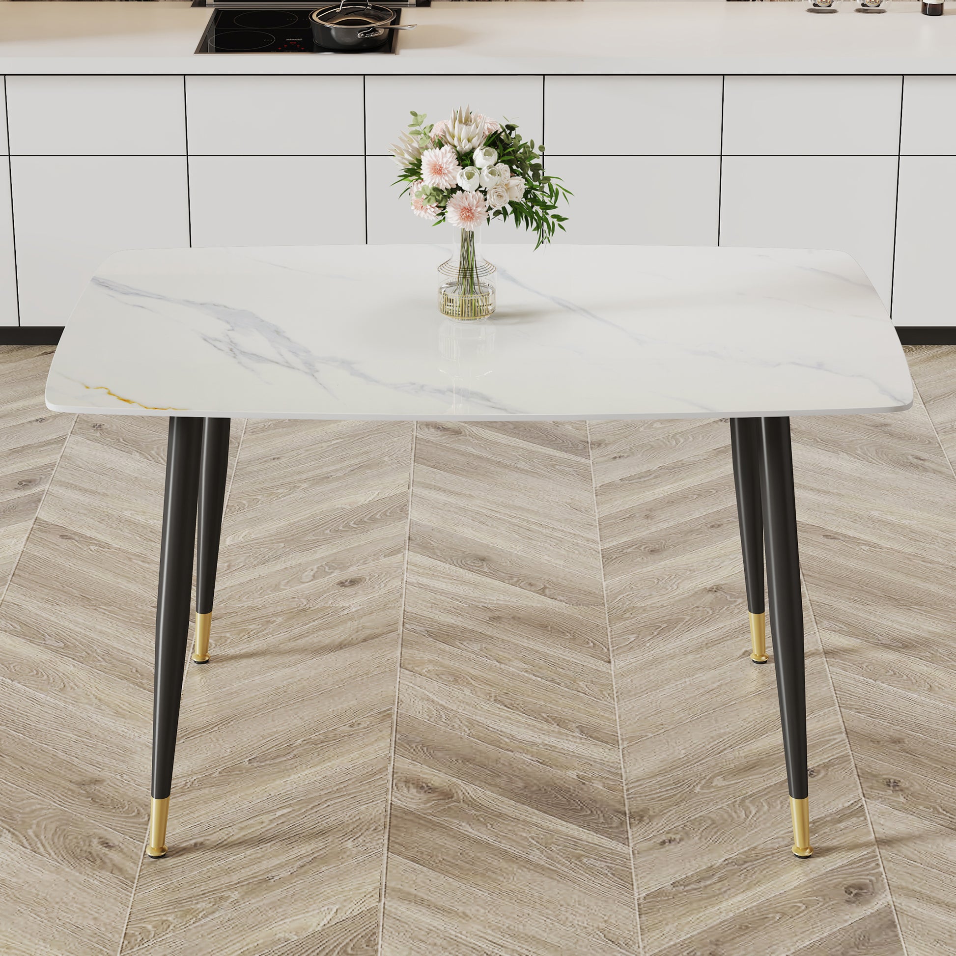 Modern Minimalist Dining Table. White Imitation Marble Pattern Sintered Stone Desktop With Black Metal Legs.50"*30"*30" F 001 White Sintered Stone