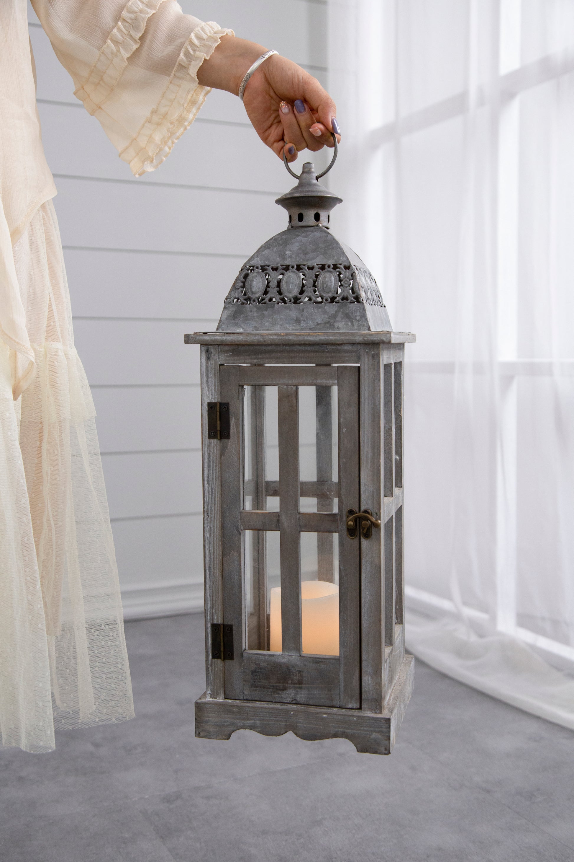 Wooden Candle Lantern Decorative, Hurricane Lantern Holder Decor For Indoor Outdoor, Home Garden Wedding Gray Wood Glass