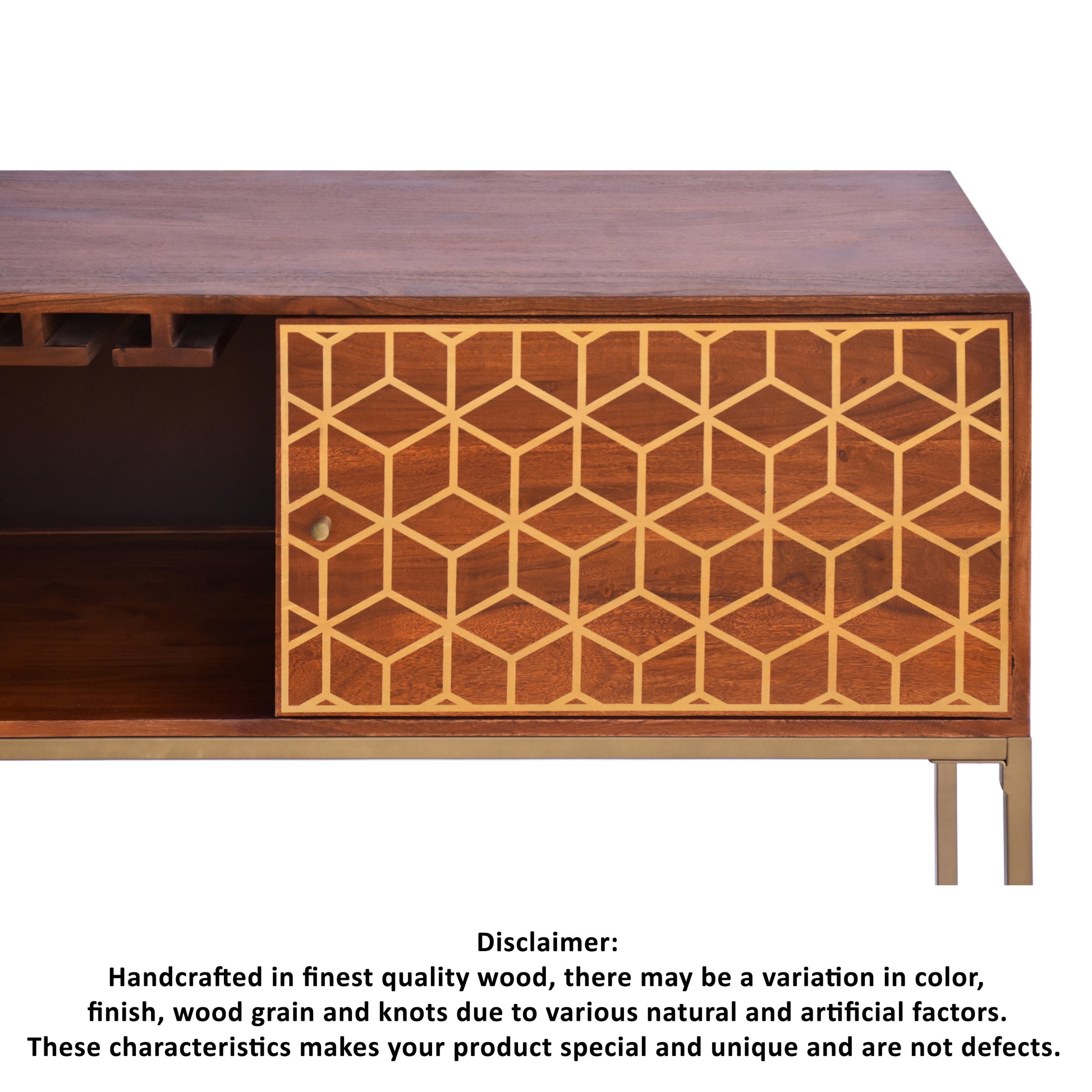 Kalyn 48 Inch Acacia Wood Bar Cabinet, 1 Door, Metal Frame, Geometric Screen Printed Design, Brown, Brass Brown Metal & Wood