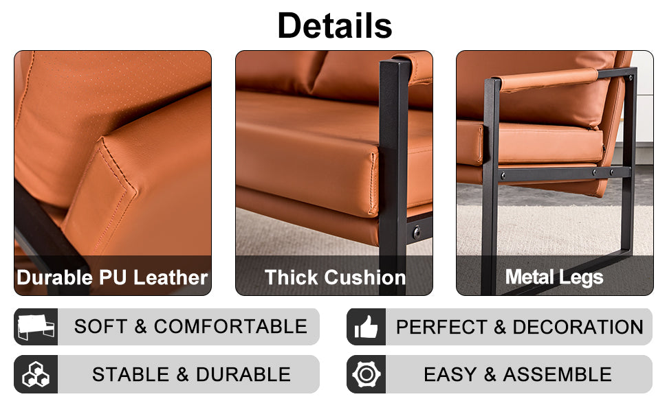 Pu Leather Armchair Metal Frame Upholstered Armchair, Upholstered Backrest, Living Room Sofa One Double Sofa One Single Sofa Brown Pu Leather Metal Frame Foam Sf 008 Brown Foam Pu 3 Seat