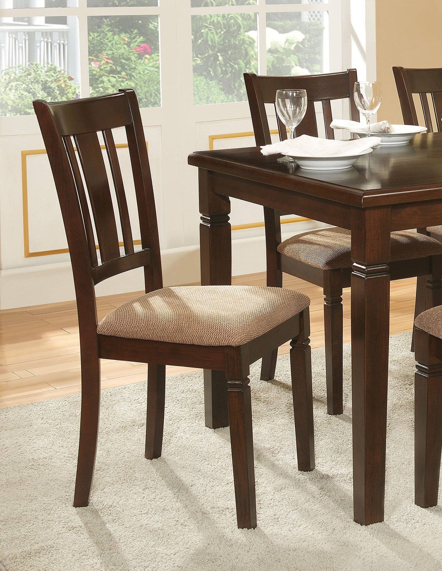 6Pc Transitional Style Dining Furniture Set Table With Bench And 4X Side Chairs Fabric Upholstered Seat Espresso Finish Wood Espresso Seats 6 Dining Room Transitional Rectangular Dining Table With Chair And Bench Wood