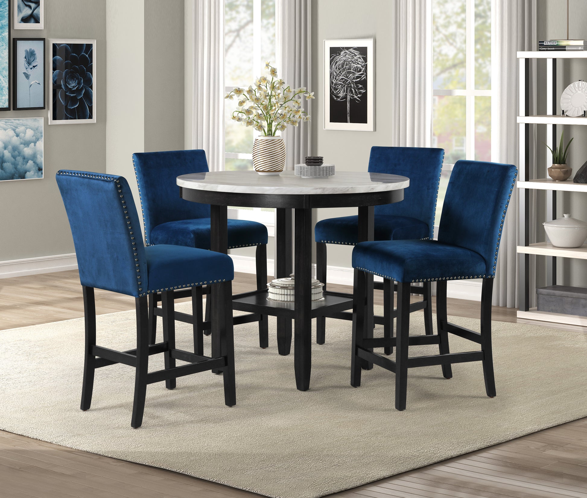 2Pc Contemporary Modern Transitional Counter Height Side Chair With Trim Royal Blue Upholstery Fabric Black Base Wooden Furniture Navy Blue Dining Room Contemporary,Modern Dining Chairs Tufted Back Wood