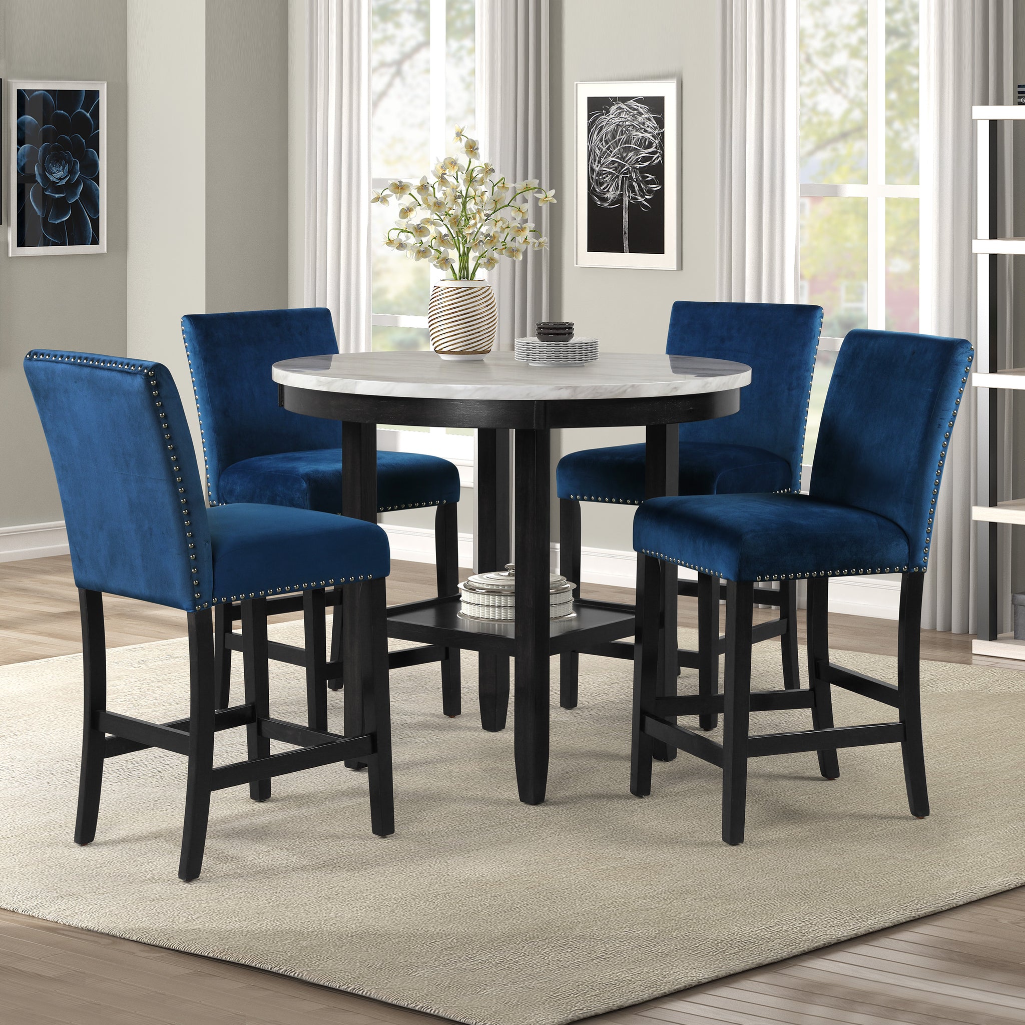 Transitional 5Pc Round Counter Height Dining Table Set Faux Marble Upholstered Royal Blue Fabric Dining Room Wooden Furniture Wood Marble Blue Dining Room 42 Inches Modern Round Dining Table With Chair Wood