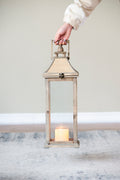 Wooden Candle Lantern Decorative, Hurricane Lantern Holder Decor For Indoor Outdoor, Home Garden Wedding Ivory Mdf Glass