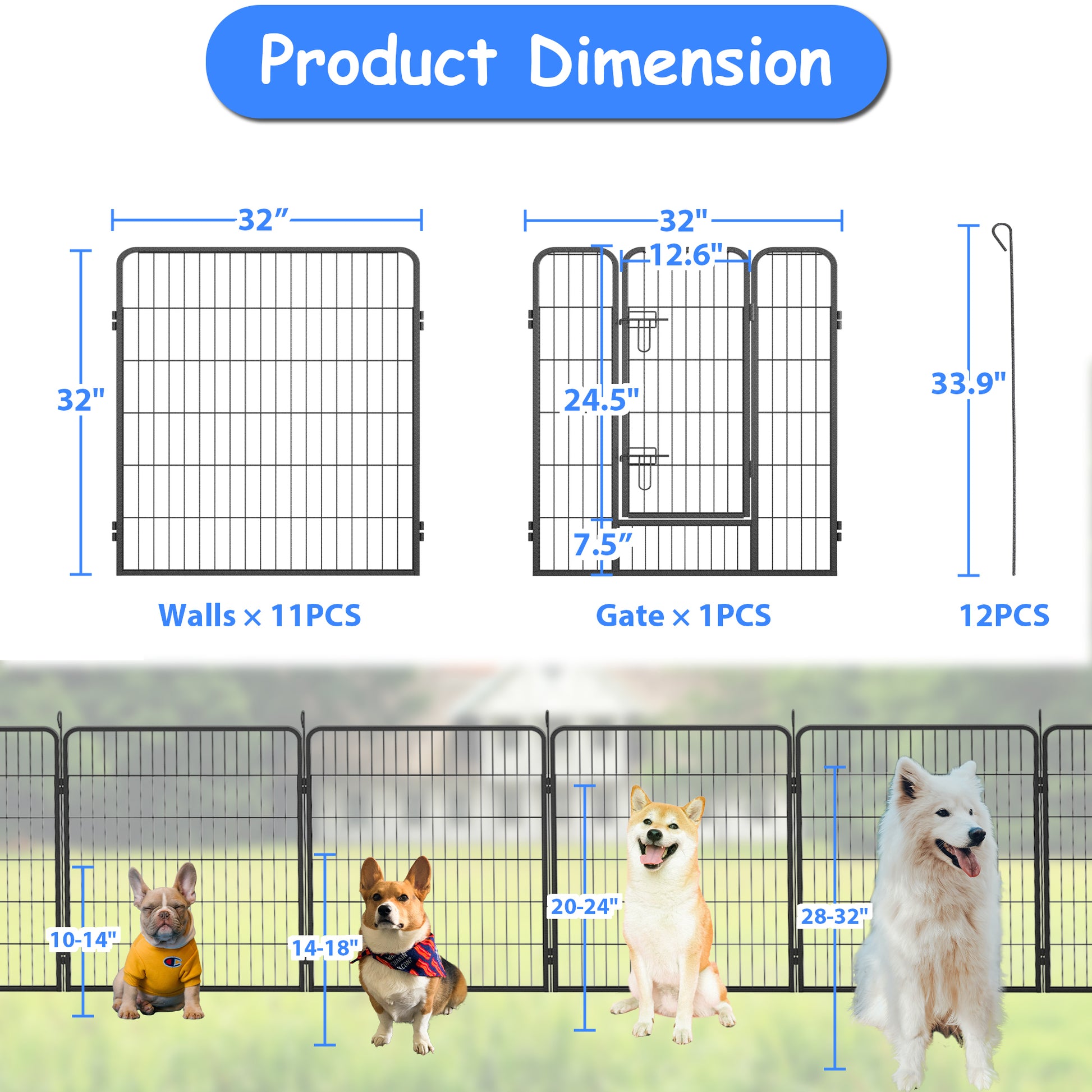 Dog Pens Outdoor 32" Height Foldable 12 Panels Heavy Duty Metal Portable Dog Playpen Indoor Anti Rust Exercise Dog Fence With Doors For Large Medium Small Pets Play Pen For Rv Camping Yard Black Medium 26 40 Lbs Metal Metal