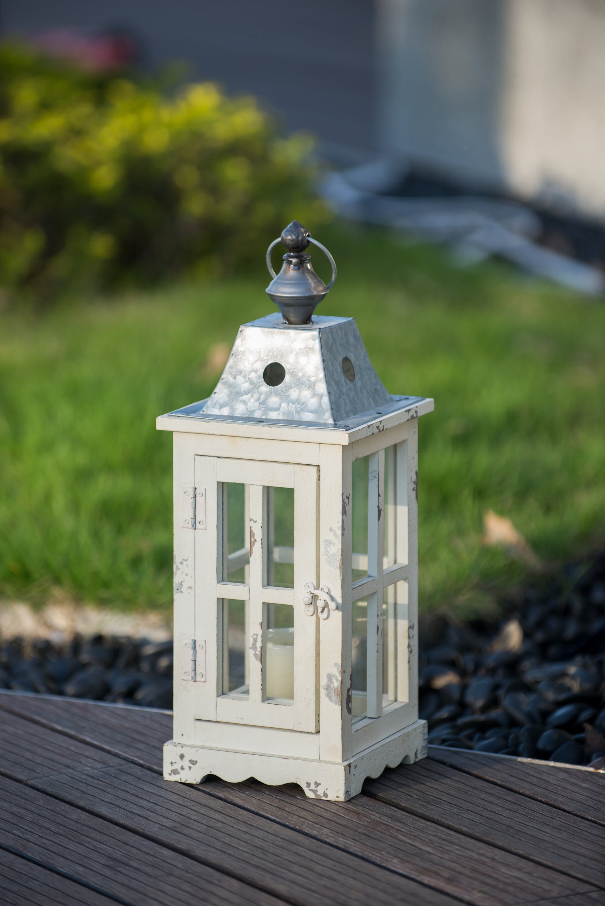 Wooden Candle Lantern Decorative, Hurricane Lantern Holder Decor For Indoor Outdoor, Home Garden Wedding Ivory Wood Glass