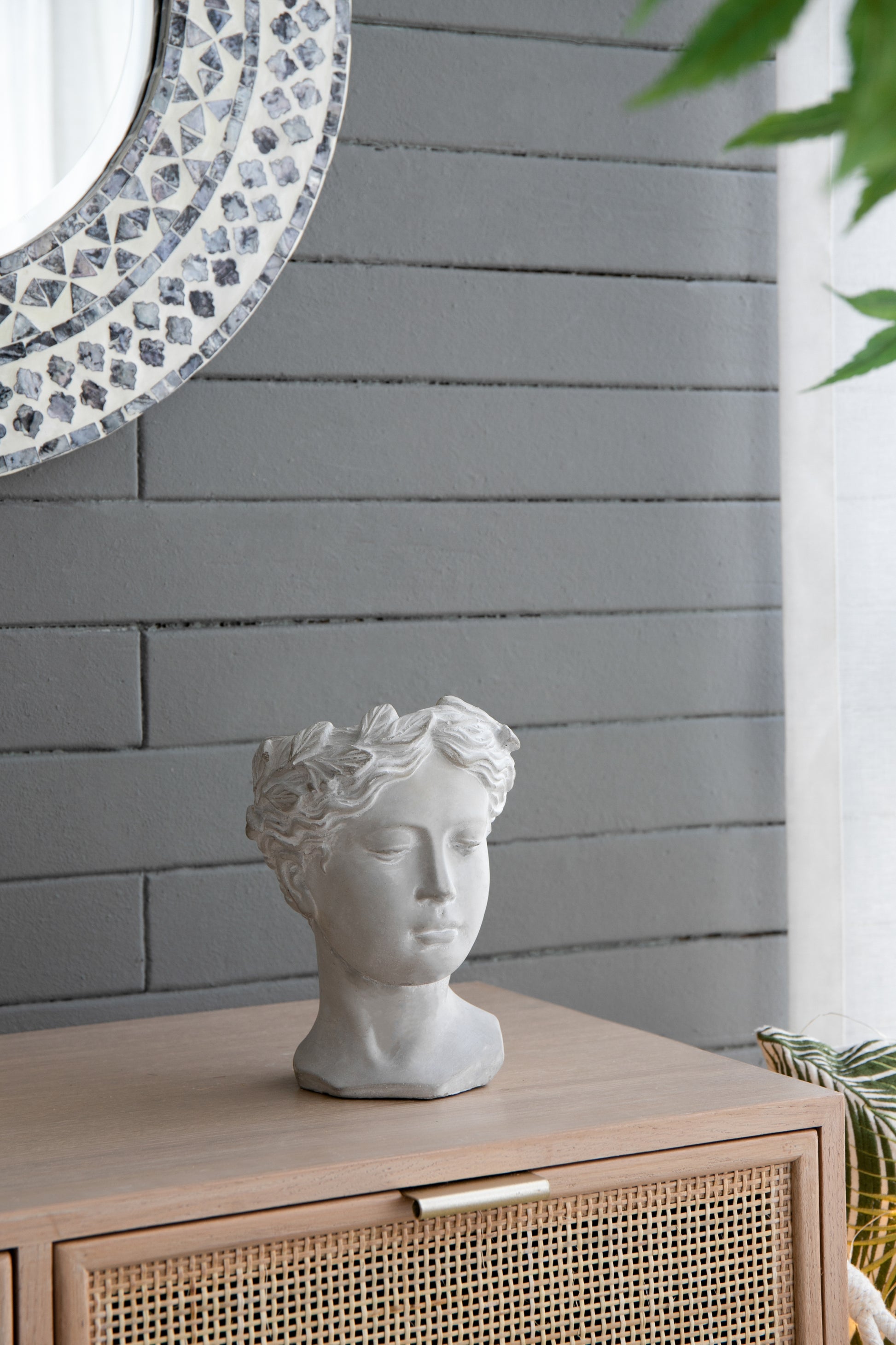 Greek Style Cement Head Planter Indoor Outdoor Home Garden Decor, D6" X 9" Gray Cement