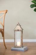 Wooden Candle Lantern Decorative, Hurricane Lantern Holder Decor For Indoor Outdoor, Home Garden Wedding Ivory Mdf Glass