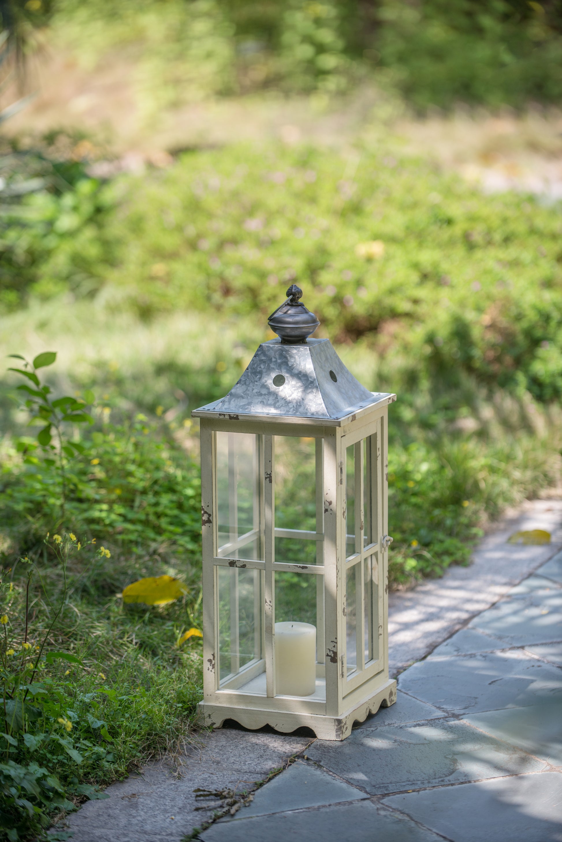 Wooden Candle Lantern Decorative, Hurricane Lantern Holder Decor For Indoor Outdoor, Home Garden Wedding Ivory Wood Glass