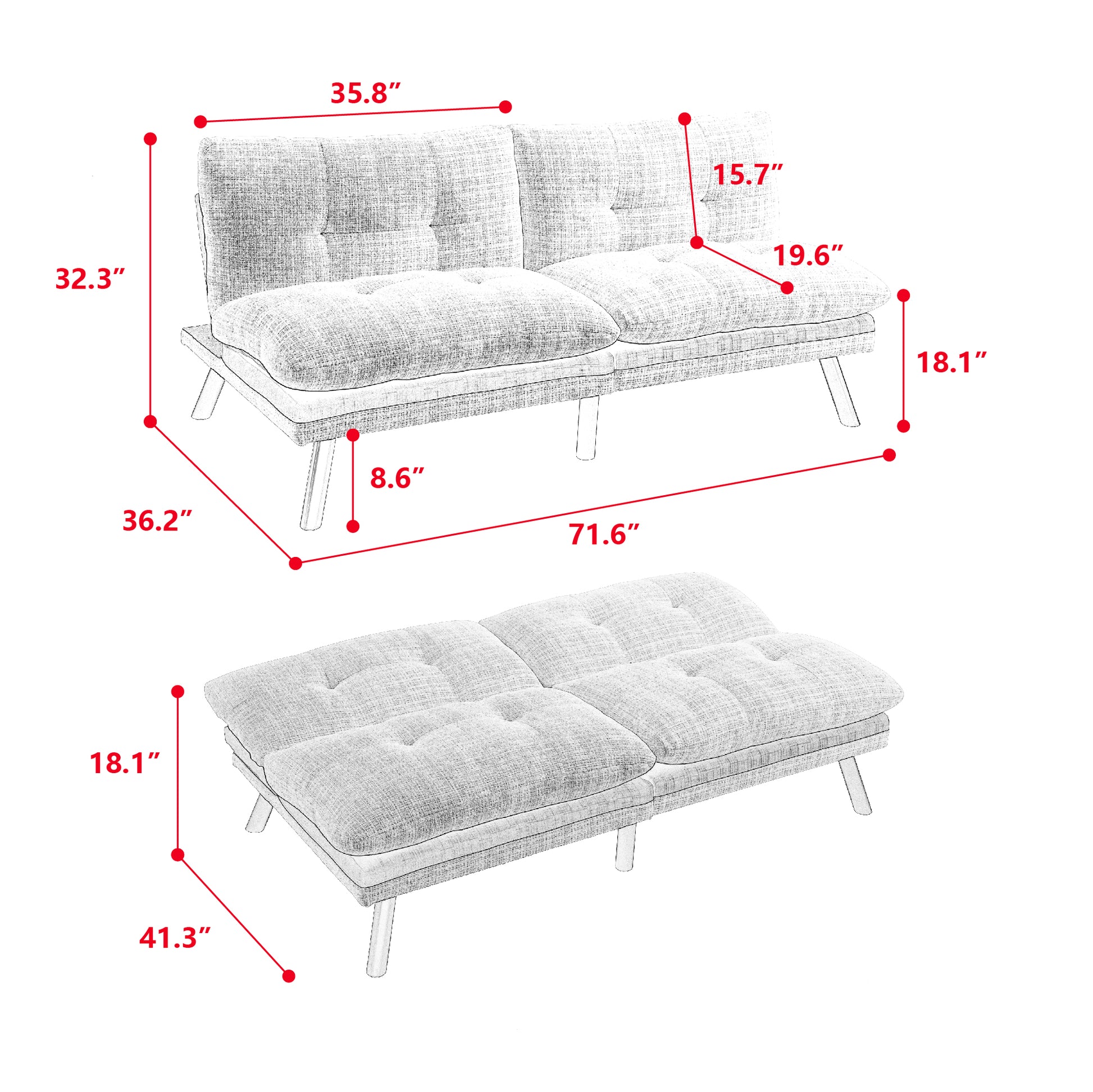 Convertible Sofa Bed Loveseat Futon Bedadjustable Lounge Couch With Metal Legs,Futon Sets For Compact Living Space Chenille Mint Green Mint Green Upholstered
