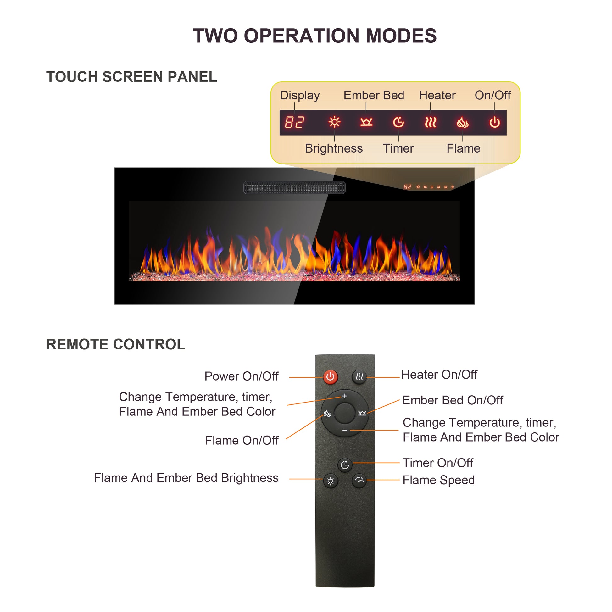 36 Inch Recessed Ultra Thin Tempered Glass Front Wall Mounted Electric Fireplace With Remote And Multi Color Flame & Emberbed, Led Light Heater Powder Coated Electric Antique Black Yes Tempered Glass Sheet Metal Plastic