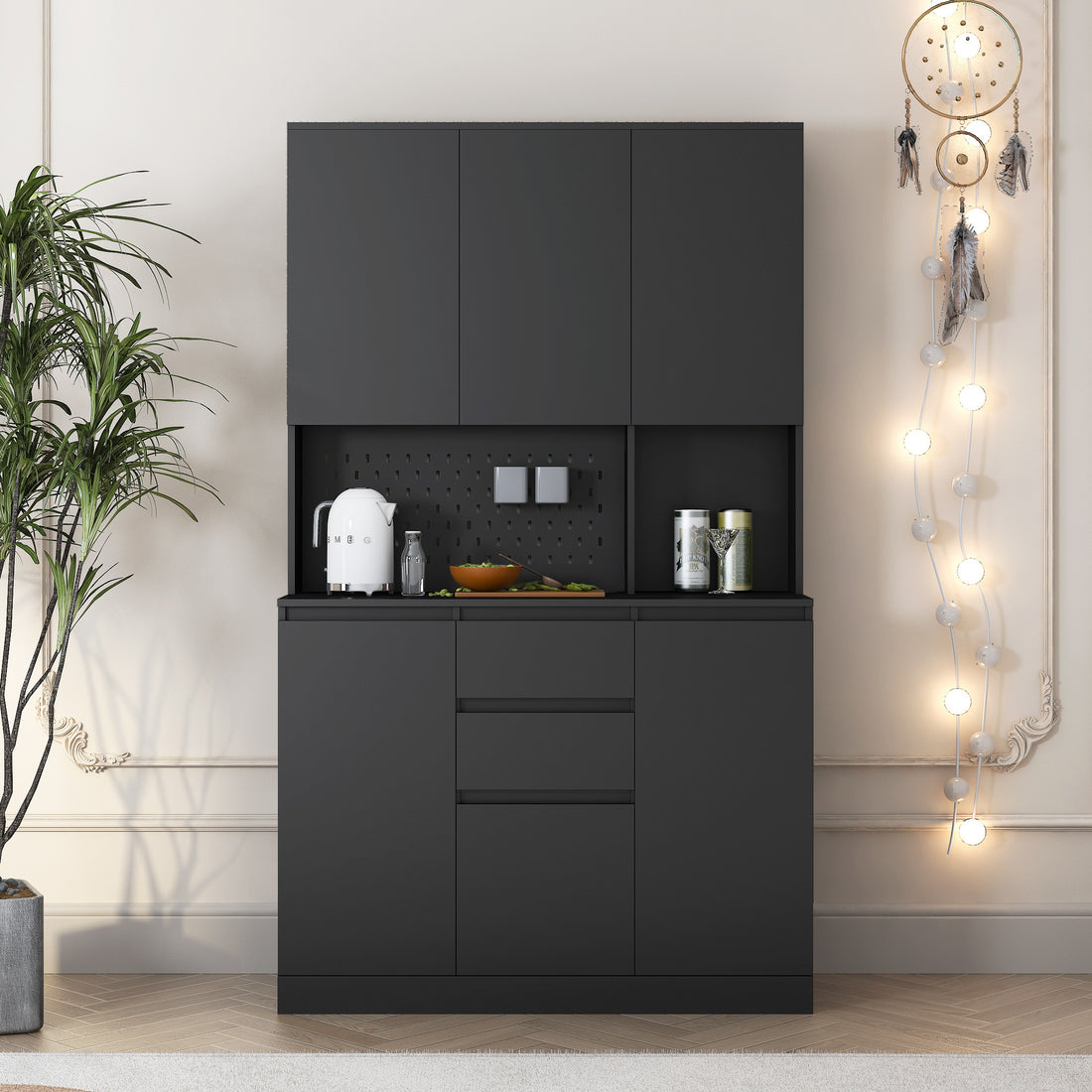 74" Freestanding Kitchen Pantry Cabinet Cupboard With 6 Doors,3 Shelves And 2 Drawer,Versatile Wardrobe & Kitchen Cabinet,Craft Storage Cabinet,Laundry Room Storage For Bedroom Kitchen Black Black Mdf