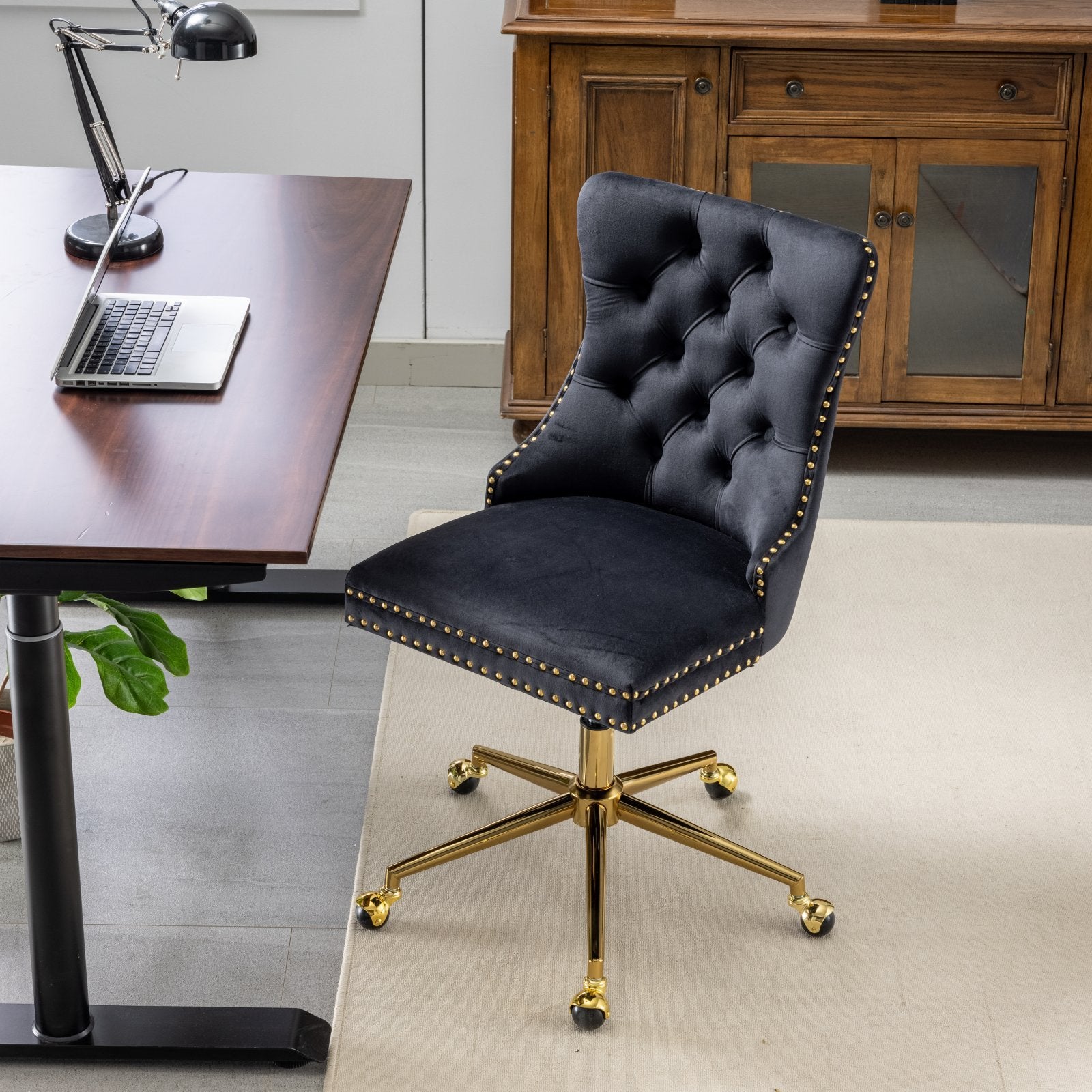 Office Chair,Velvet Upholstered Tufted Button Home Office Chair With Golden Metal Base,Adjustable Desk Chair Swivel Office Chair Black Black Velvet