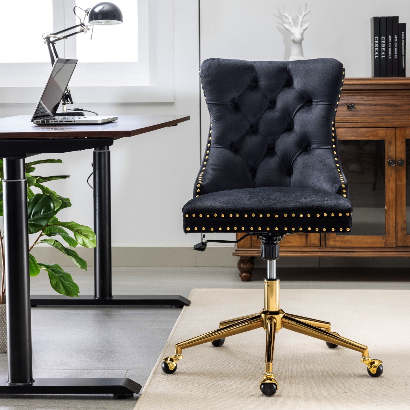 Office Chair,Velvet Upholstered Tufted Button Home Office Chair With Golden Metal Base,Adjustable Desk Chair Swivel Office Chair Black Black Velvet