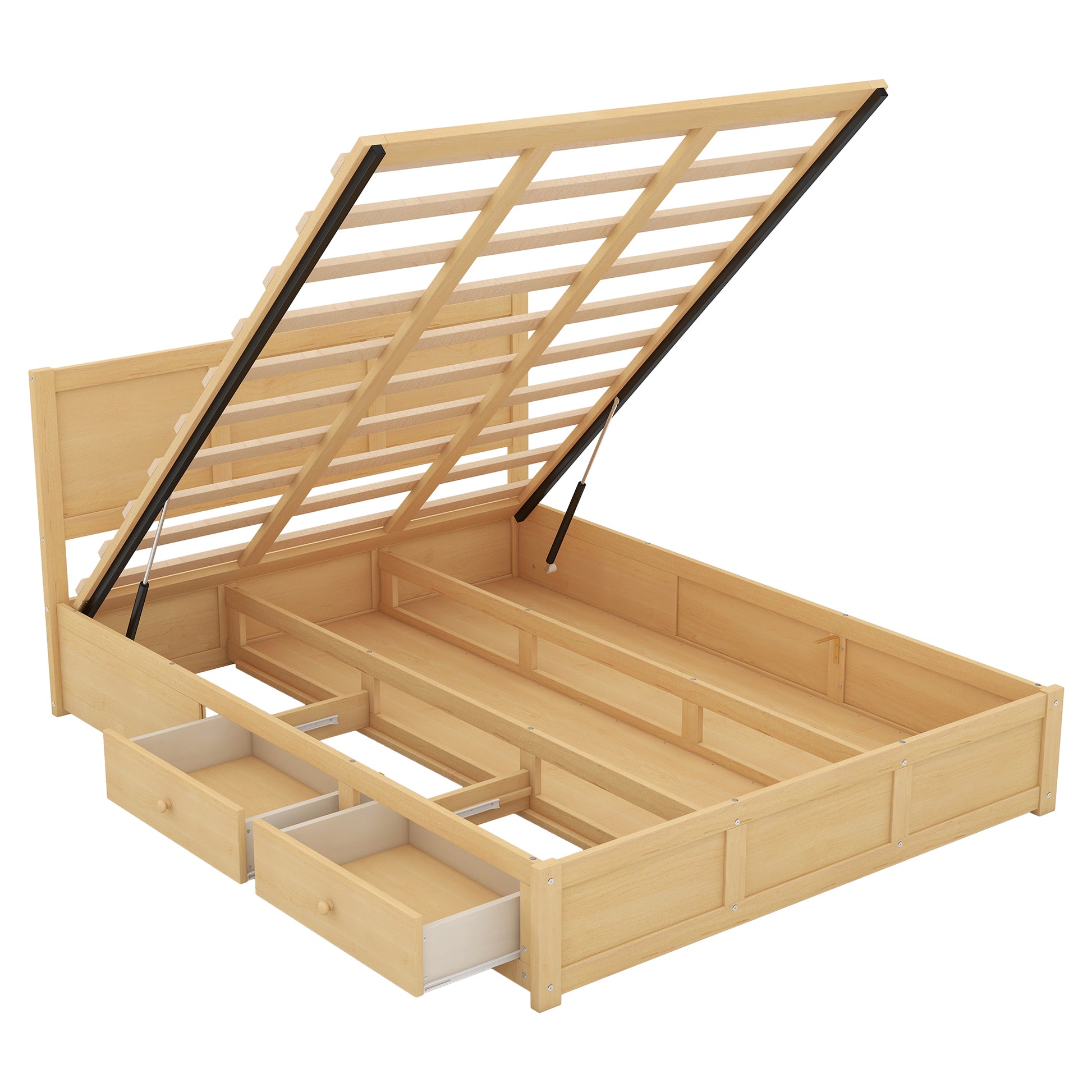 Queen Size Wood Platform Bed With Underneath Storage And 2 Drawers, Wood Color Box Spring Not Required Queen Natural Wood Bedroom Bed Frame Solid Wood Mdf