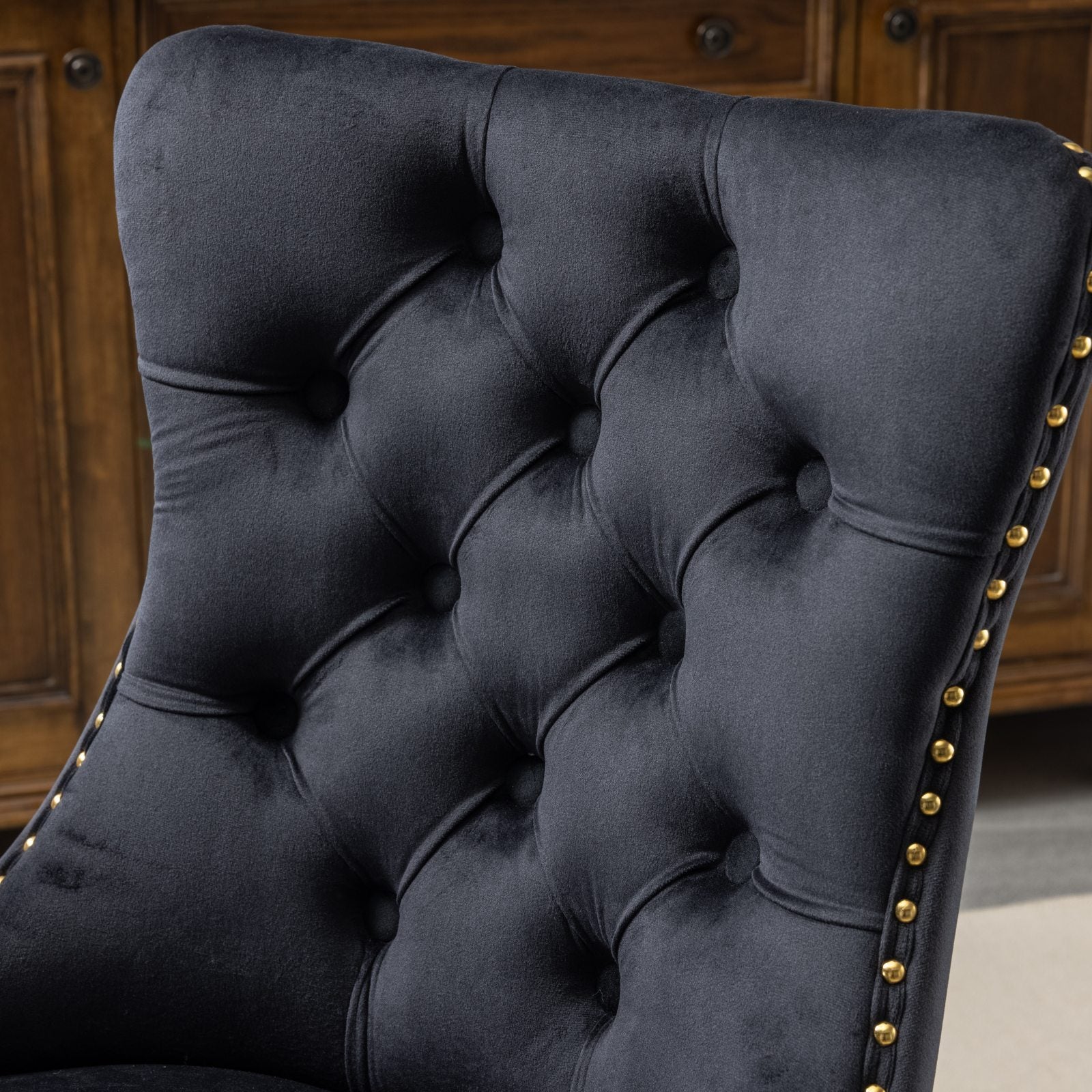 Office Chair,Velvet Upholstered Tufted Button Home Office Chair With Golden Metal Base,Adjustable Desk Chair Swivel Office Chair Black Black Velvet