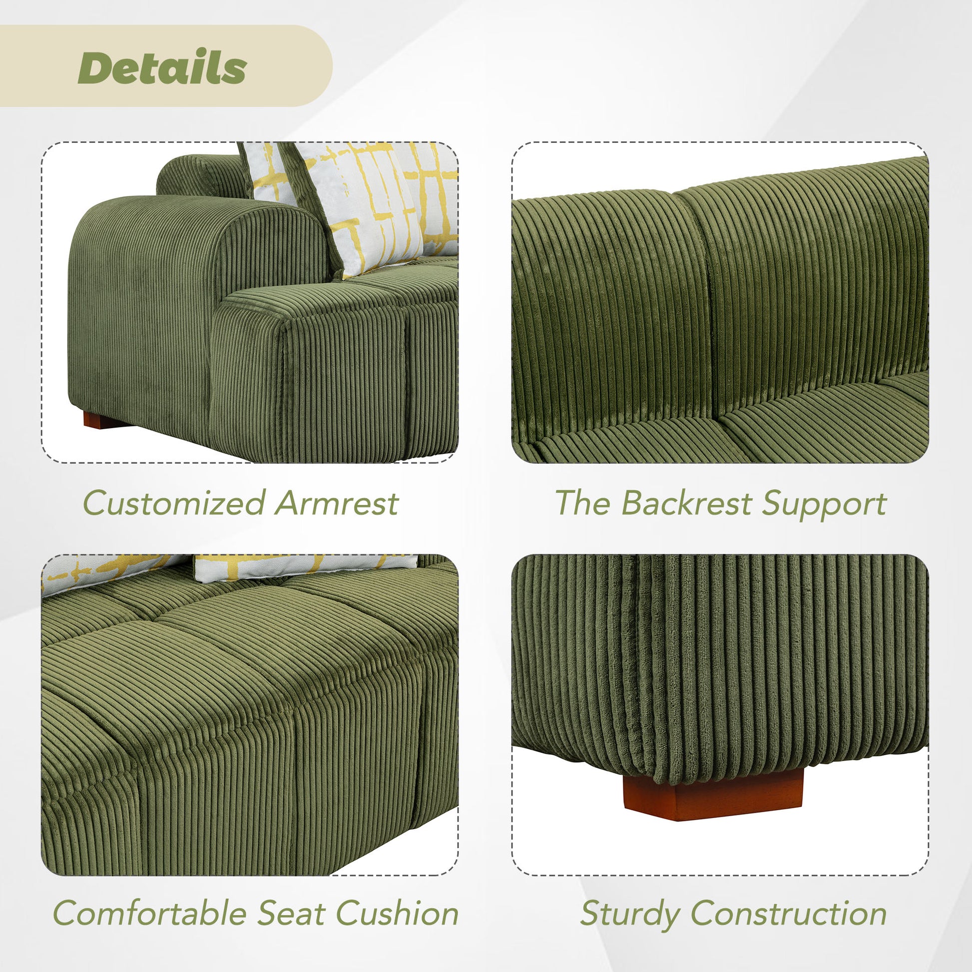 103.9" Modern Couch Corduroy Fabric Comfy Sofa With Rubber Wood Legs, 4 Pillows For Living Room, Bedroom, Office, Green Green Corduroy 2 Seat