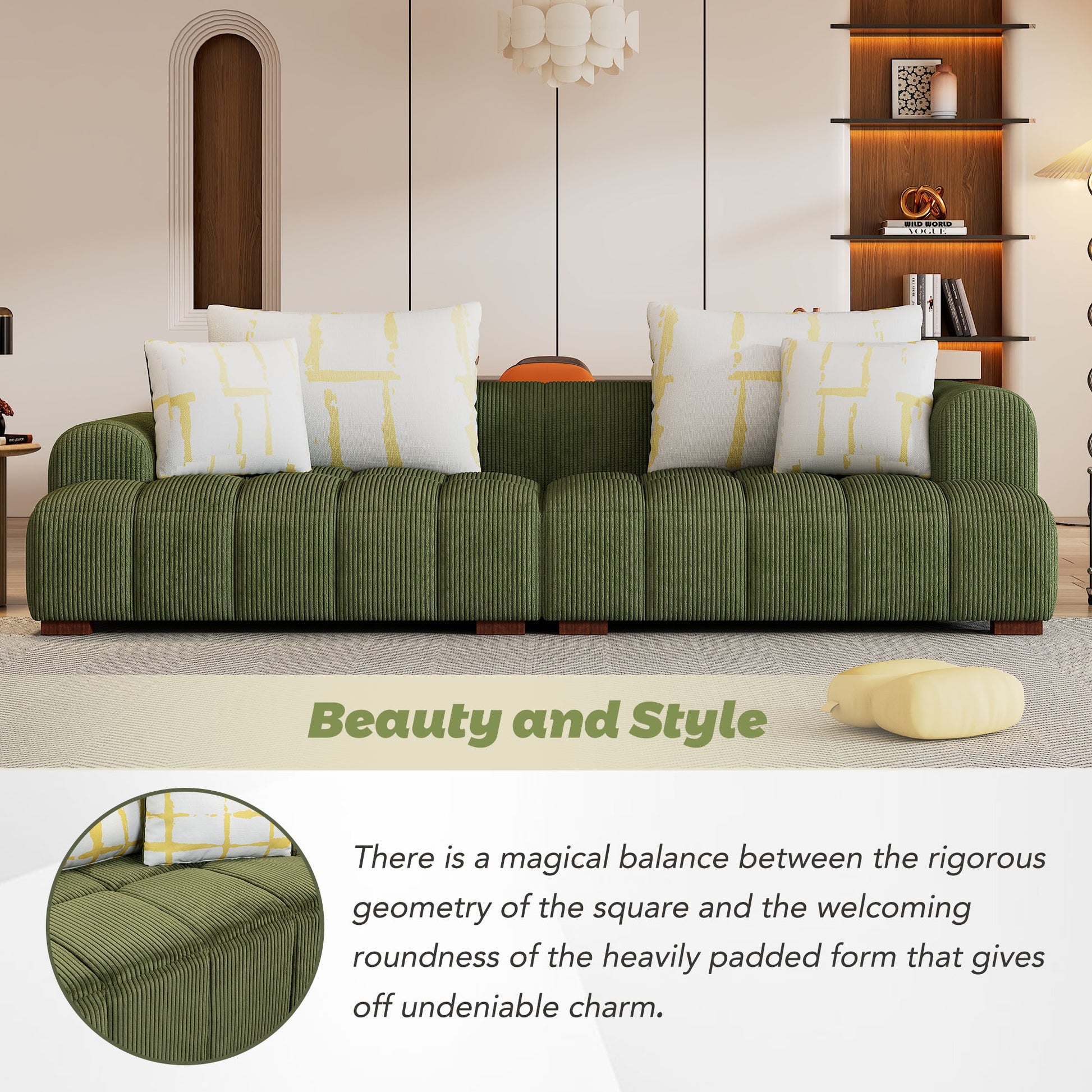 103.9" Modern Couch Corduroy Fabric Comfy Sofa With Rubber Wood Legs, 4 Pillows For Living Room, Bedroom, Office, Green Green Corduroy 2 Seat