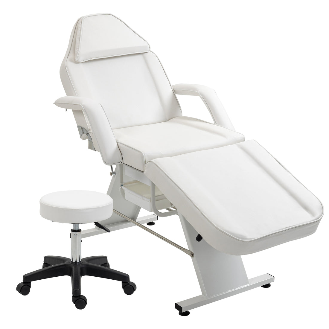 Massage Salon Tattoo Chair With Two Trays Esthetician Bed With Hydraulic Stool,Multi Purpose 3 Section Facial Bed Table, Adjustable Beauty Barber Spa Beauty Equipment, White White Pu