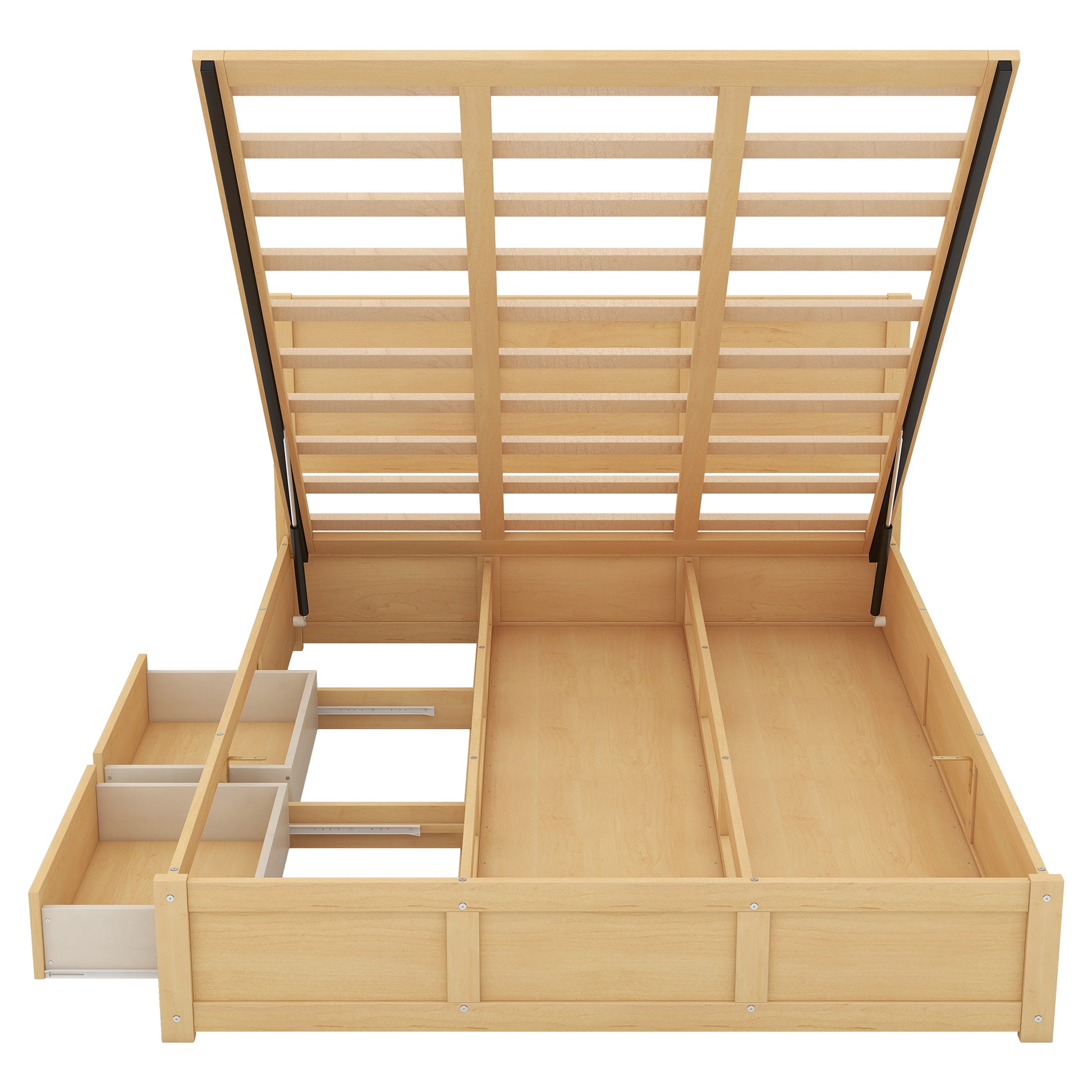 Queen Size Wood Platform Bed With Underneath Storage And 2 Drawers, Wood Color Box Spring Not Required Queen Natural Wood Bedroom Bed Frame Solid Wood Mdf
