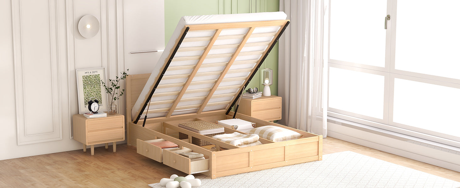 Queen Size Wood Platform Bed With Underneath Storage And 2 Drawers, Wood Color Box Spring Not Required Queen Natural Wood Bedroom Bed Frame Solid Wood Mdf
