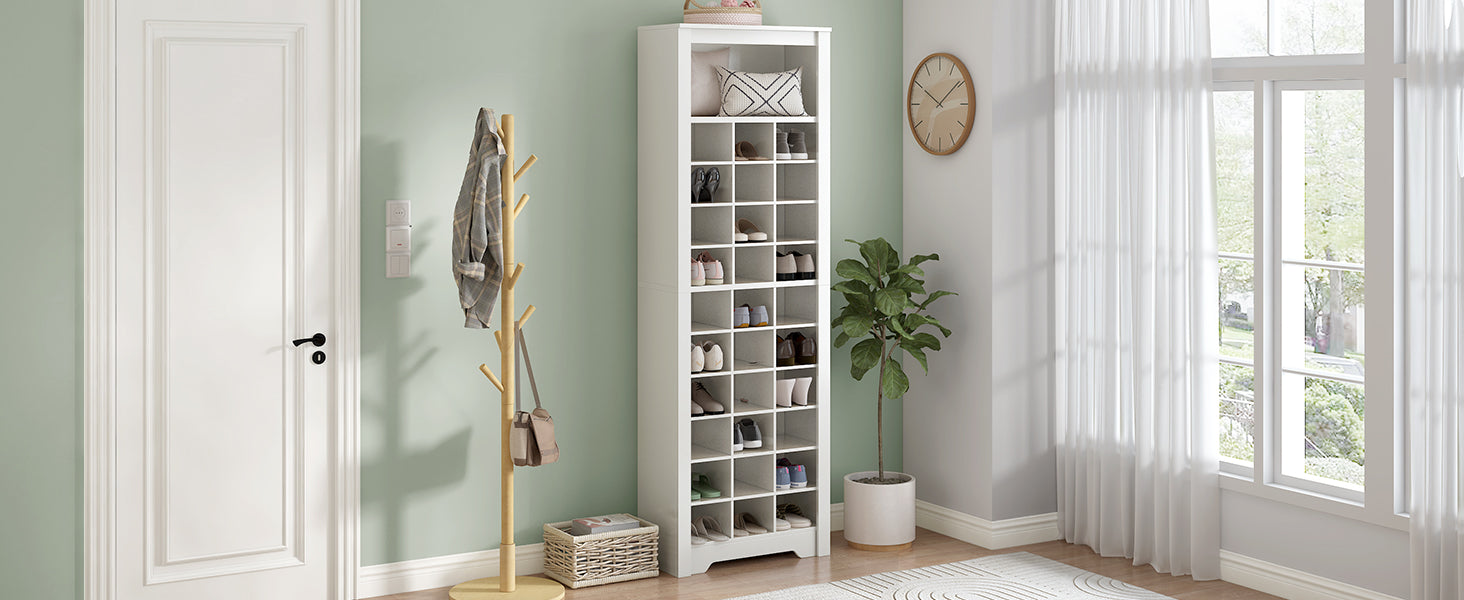 Stylish Design 30 Shoe Cubby Console, Contemporary Shoe Cabinet With Multiple Storage Capacity, Free Standing Tall Cabinet With Versatile Use For Hallway, Bedroom, White Filing Cabinets White Primary Living Space Particle Board