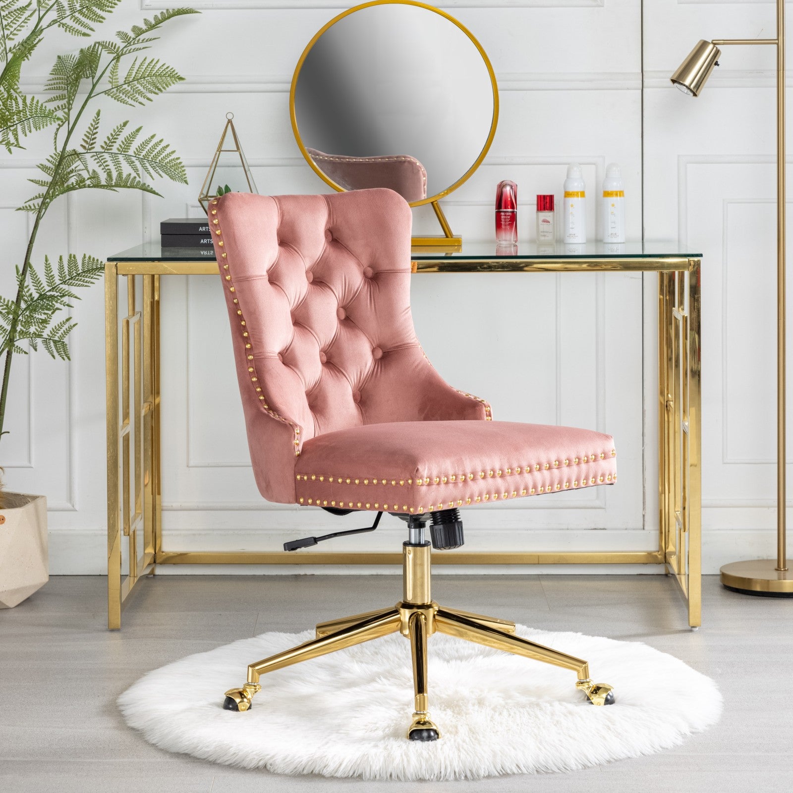 Office Chair,Velvet Upholstered Tufted Button Home Office Chair With Golden Metal Base,Adjustable Desk Chair Swivel Office Chair Pink Pink American Design Velvet