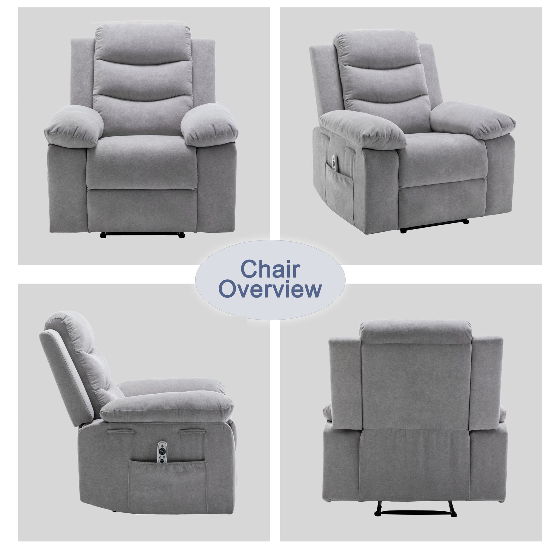 Power Recliner Chair With Adjustable Massage Function, Velvet Electric Power Chair For Elderly With One Side Pockets, Recliner Chair With Heating System For Living Room,Light Gray Light Gray Velvet