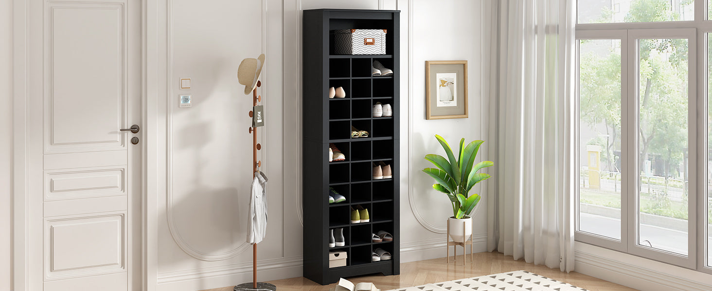 Stylish Design 30 Shoe Cubby Console, Contemporary Shoe Cabinet With Multiple Storage Capacity, Free Standing Tall Cabinet With Versatile Use For Hallway, Bedroom, Black Filing Cabinets Black Primary Living Space Particle Board