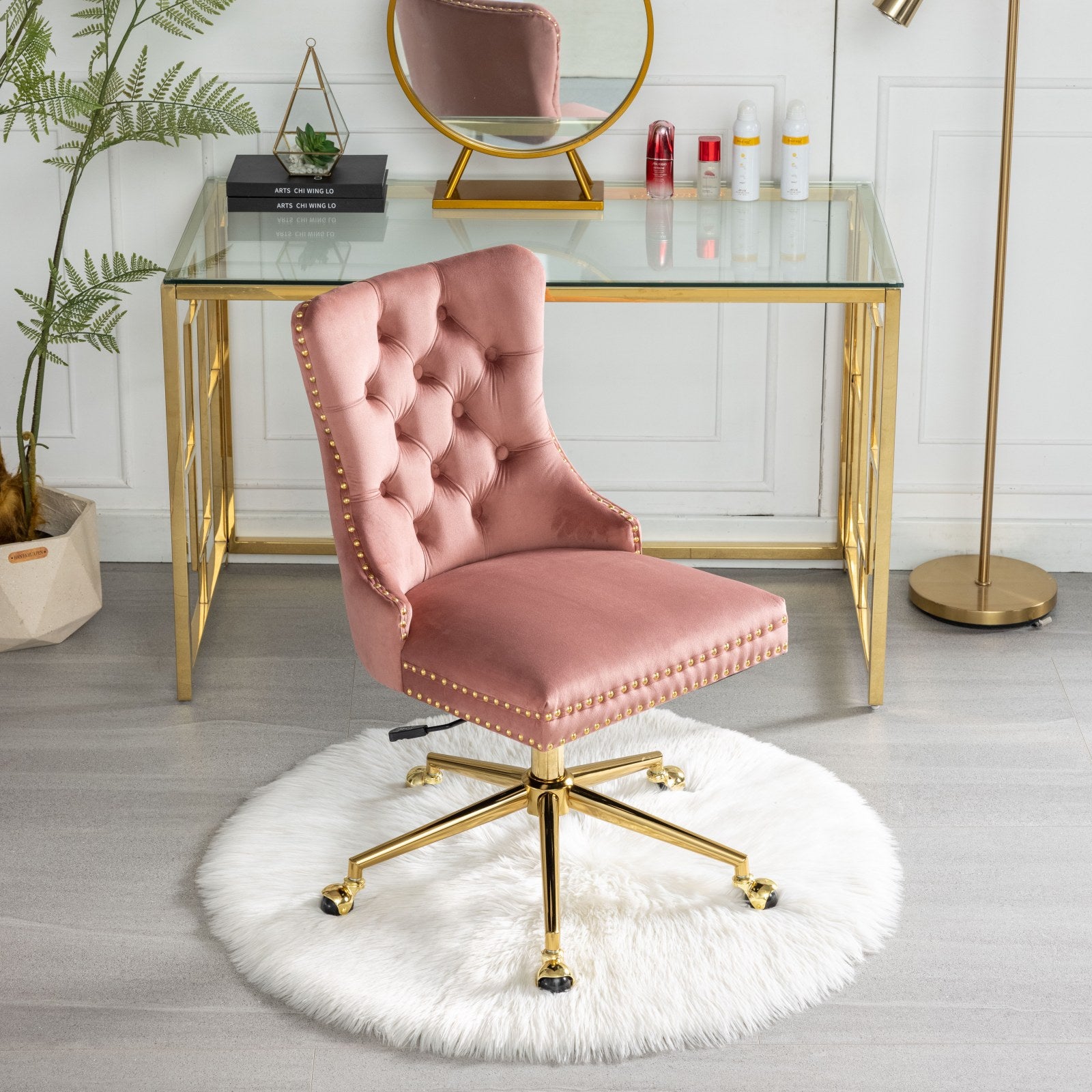 Office Chair,Velvet Upholstered Tufted Button Home Office Chair With Golden Metal Base,Adjustable Desk Chair Swivel Office Chair Pink Pink American Design Velvet