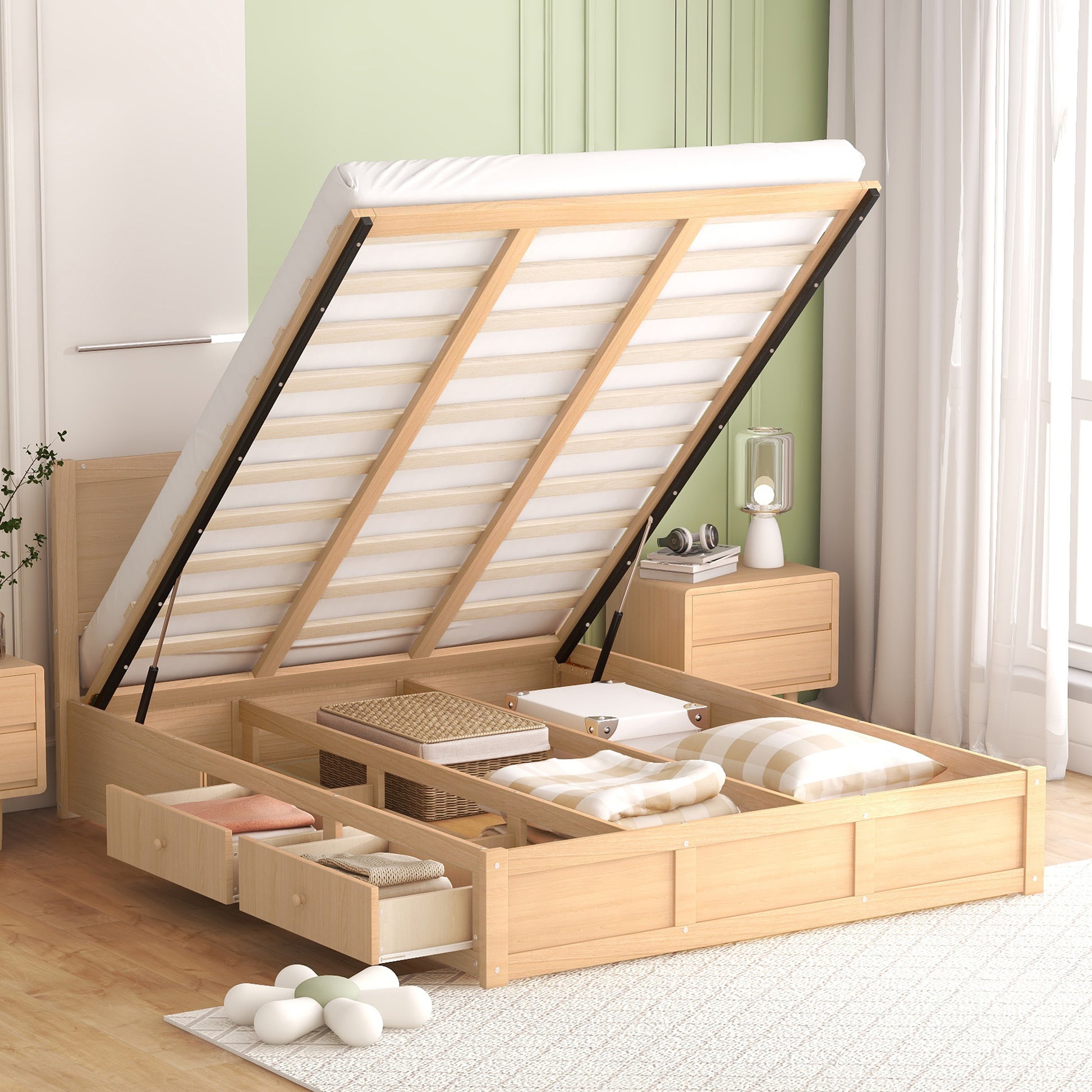 Queen Size Wood Platform Bed With Underneath Storage And 2 Drawers, Wood Color Box Spring Not Required Queen Natural Wood Bedroom Bed Frame Solid Wood Mdf