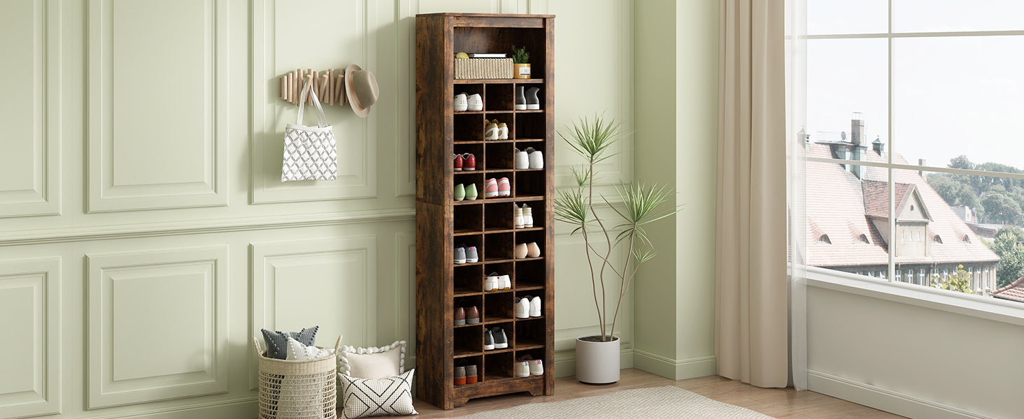 Stylish Design 30 Shoe Cubby Console, Contemporary Shoe Cabinet With Multiple Storage Capacity, Free Standing Tall Cabinet With Versatile Use For Hallway, Bedroom, Rustic Brown Filing Cabinets Rustic Brown Primary Living Space Particle Board