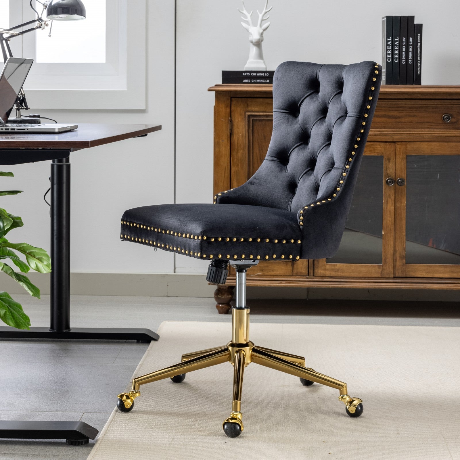 Office Chair,Velvet Upholstered Tufted Button Home Office Chair With Golden Metal Base,Adjustable Desk Chair Swivel Office Chair Black Black Velvet