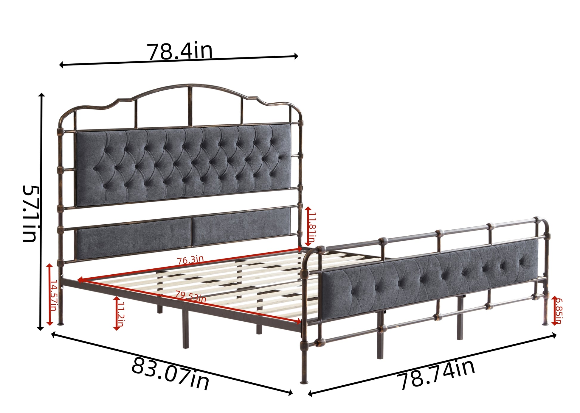 King Size High Boad Metal Bed With Soft Head And Tail, No Spring, Easy To Assemble, No Noise Box Spring Not Required King Dark Gray Metal Bedroom Bed Frame Foam Velvet Metal