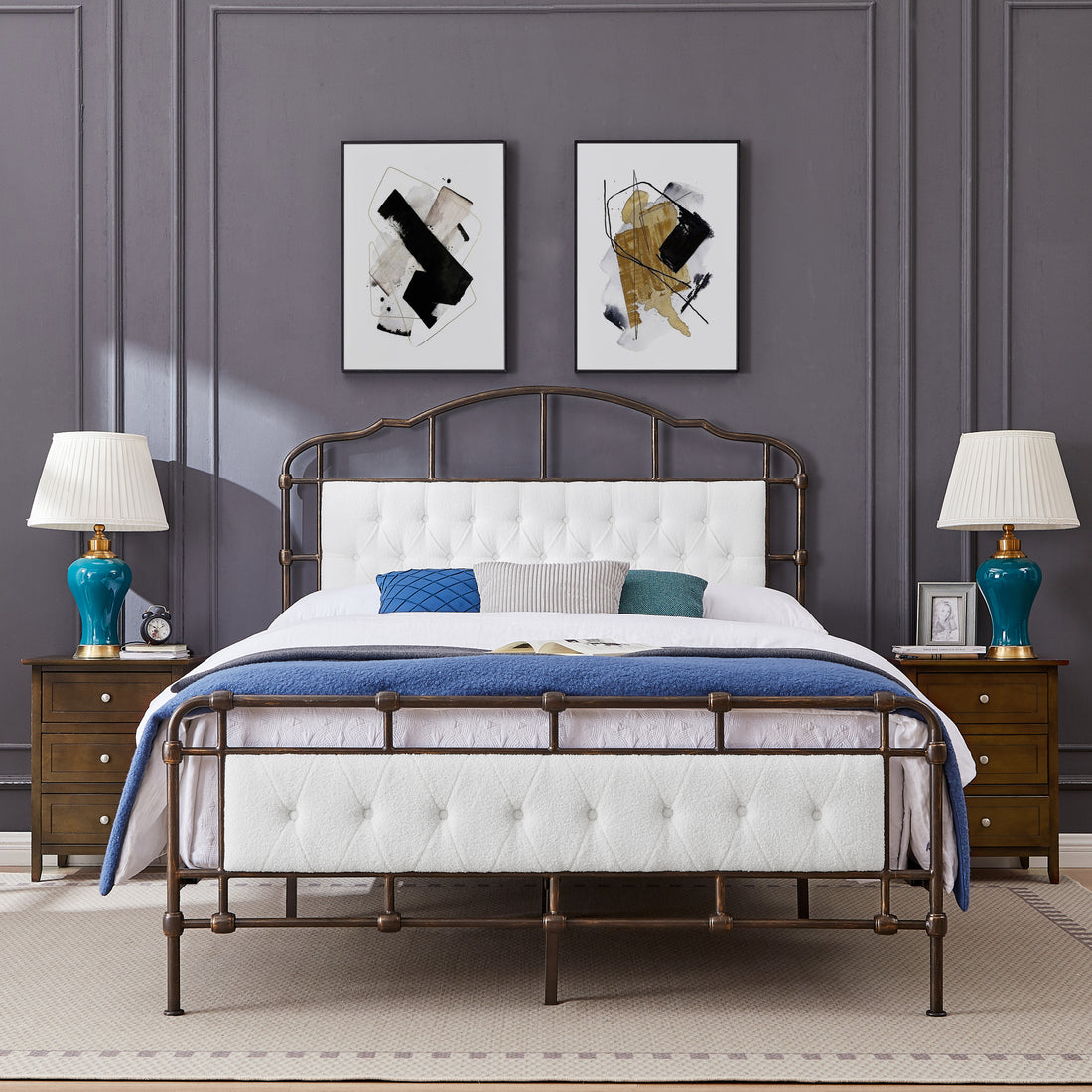 Queen Size High Boad Metal Bed With Soft Head And Tail, No Spring, Easy To Assemble, No Noise Box Spring Not Required Queen White Metal White Bedroom Bed Frame Foam Velvet Metal