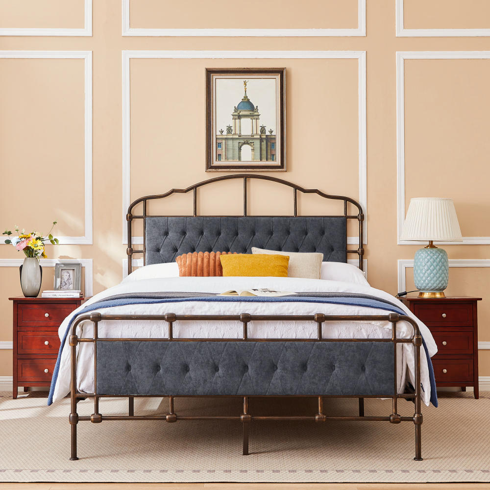 Queen Size High Boad Metal Bed With Soft Head And Tail, No Spring, Easy To Assemble, No Noise Box Spring Not Required Queen Dark Gray Metal Bedroom Bed Frame Foam Velvet Metal