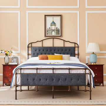 Queen Size High Boad Metal Bed With Soft Head And Tail, No Spring, Easy To Assemble, No Noise Box Spring Not Required Queen Dark Gray Metal Bedroom Bed Frame Foam Velvet Metal