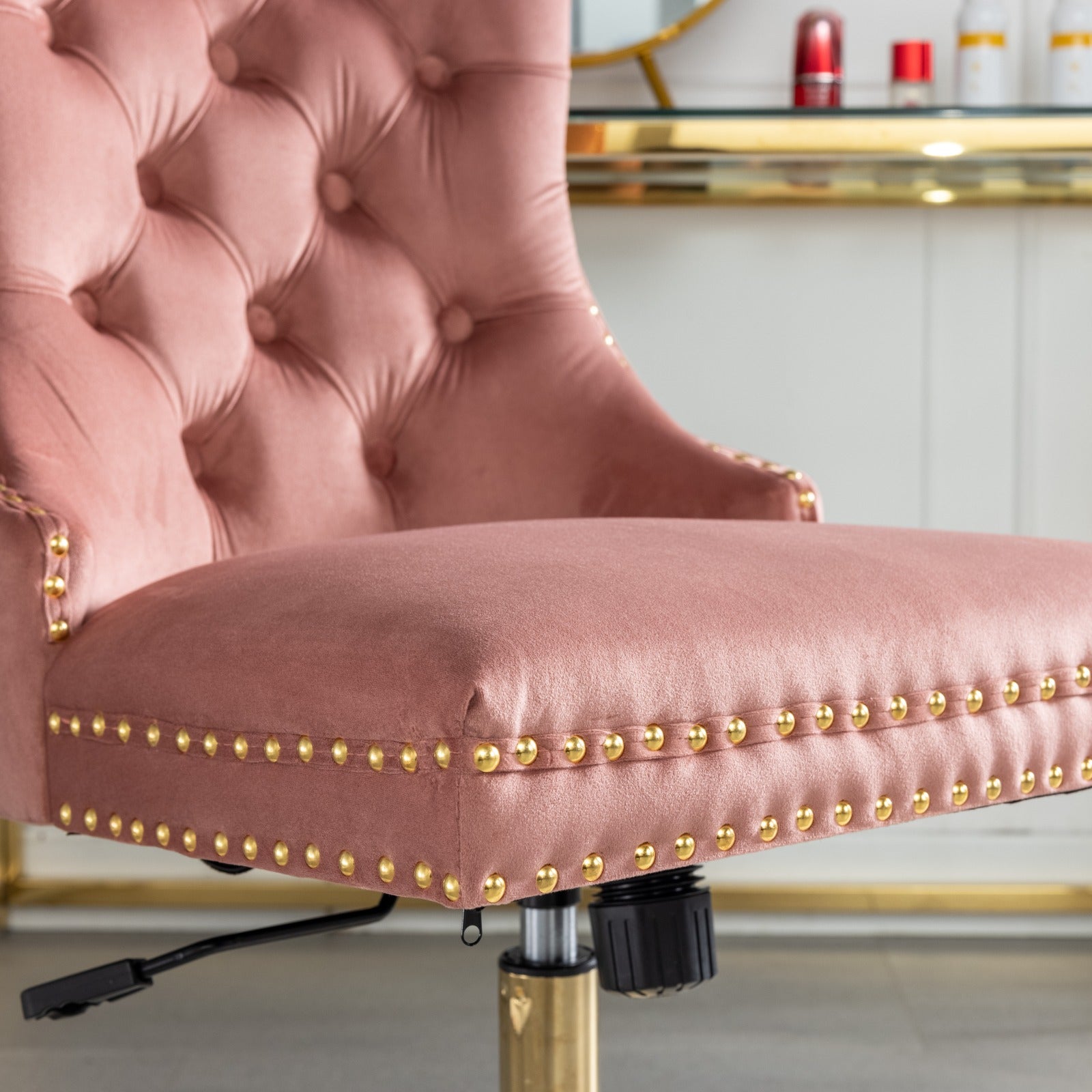 Office Chair,Velvet Upholstered Tufted Button Home Office Chair With Golden Metal Base,Adjustable Desk Chair Swivel Office Chair Pink Pink American Design Velvet