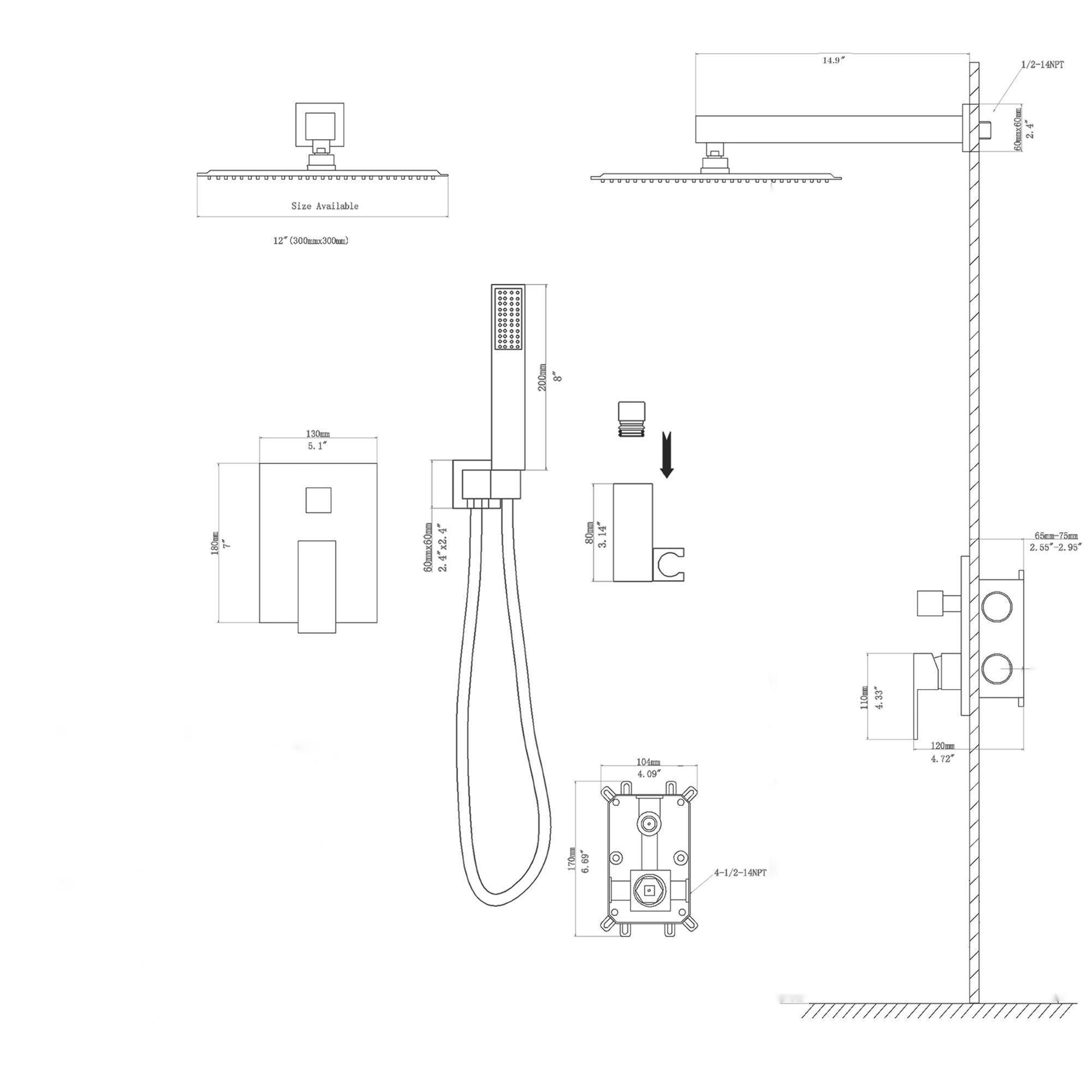 Dual Shower Head 12 Inch Wall Mounted Square Shower System With Rough In Valve,Chrome Chrome Stainless Steel