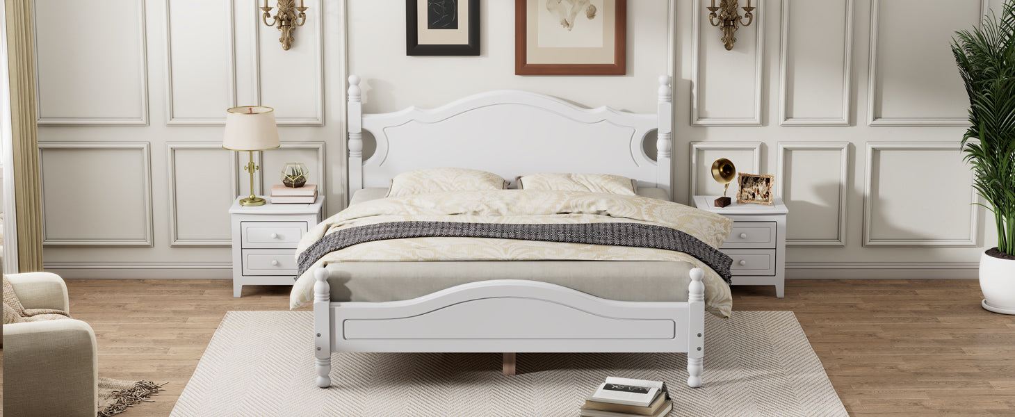 Queen Size Wood Platform Bed Frame,Retro Style Platform Bed With Wooden Slat Support,White White Wood