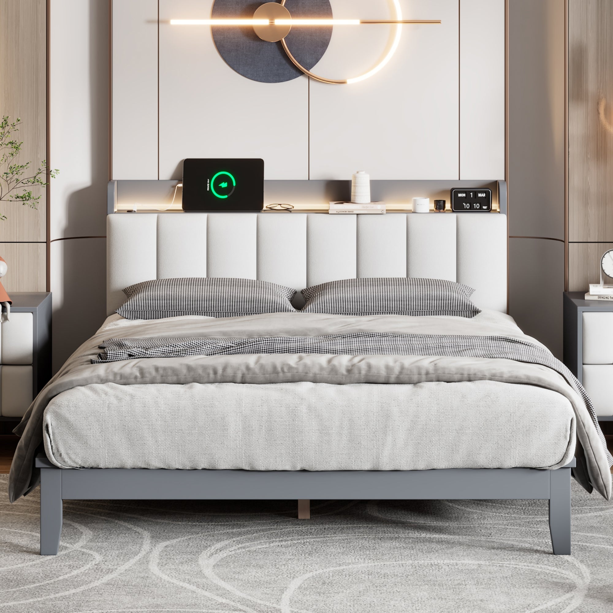 Queen Size Platform Bed With Usb Charging Station And Storage Upholstered Headboard,Led Bed Frame,No Box Spring Needed,Gray White Gray Wood