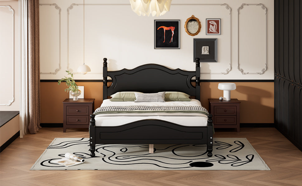 Full Size Wood Platform Bed Frame,Retro Style Platform Bed With Wooden Slat Support,Black Black Wood