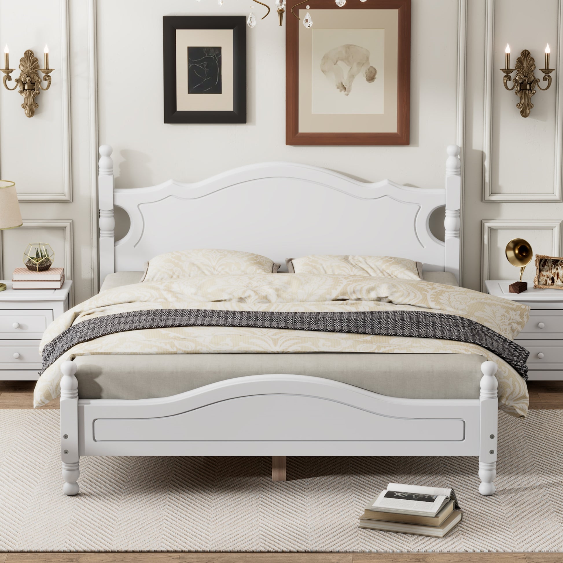 Queen Size Wood Platform Bed Frame,Retro Style Platform Bed With Wooden Slat Support,White White Wood