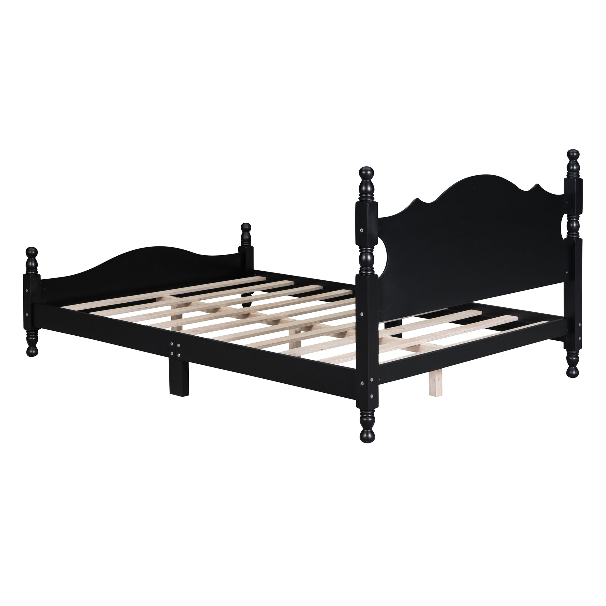 Full Size Wood Platform Bed Frame,Retro Style Platform Bed With Wooden Slat Support,Black Black Wood