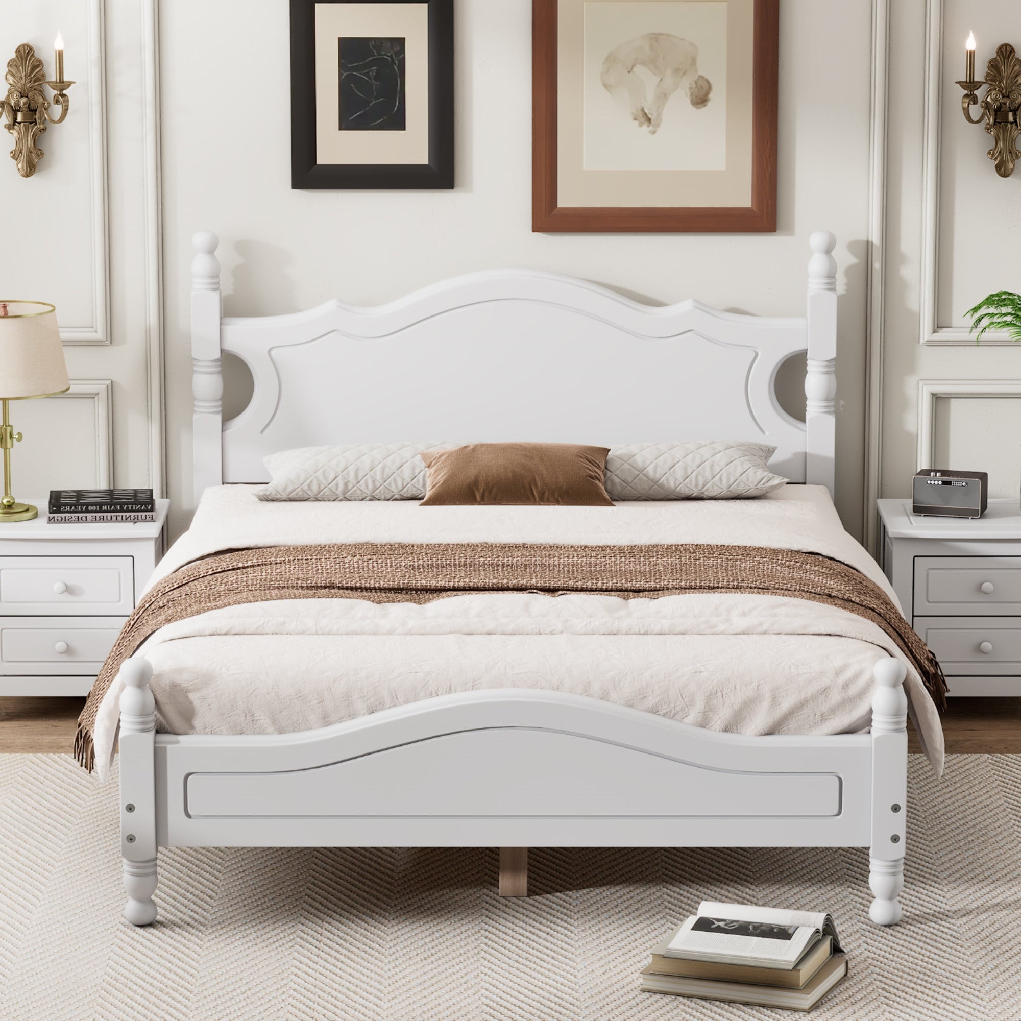 Full Size Wood Platform Bed Frame,Retro Style Platform Bed With Wooden Slat Support,White White Wood