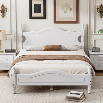 Full Size Wood Platform Bed Frame,Retro Style Platform Bed With Wooden Slat Support,White White Wood