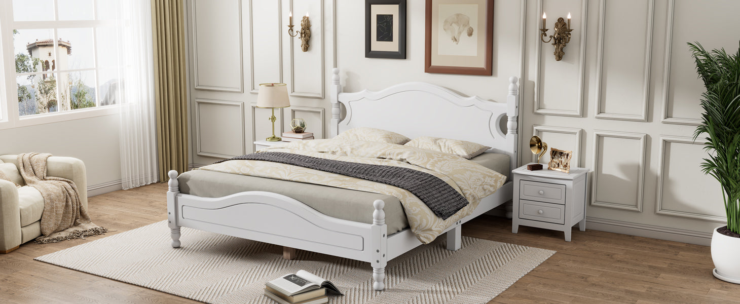 Queen Size Wood Platform Bed Frame,Retro Style Platform Bed With Wooden Slat Support,White White Wood