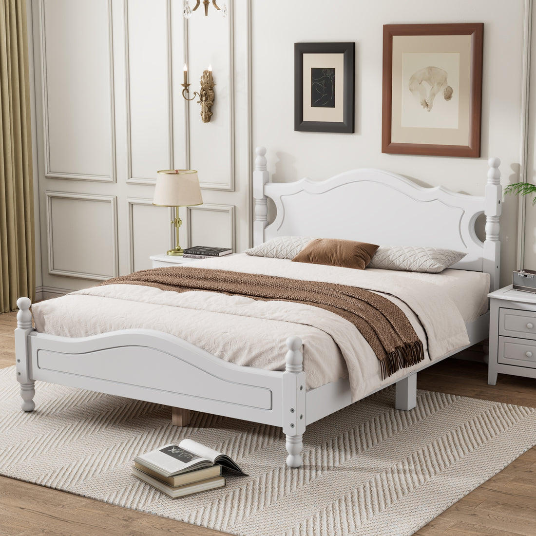 Full Size Wood Platform Bed Frame,Retro Style Platform Bed With Wooden Slat Support,White White Wood